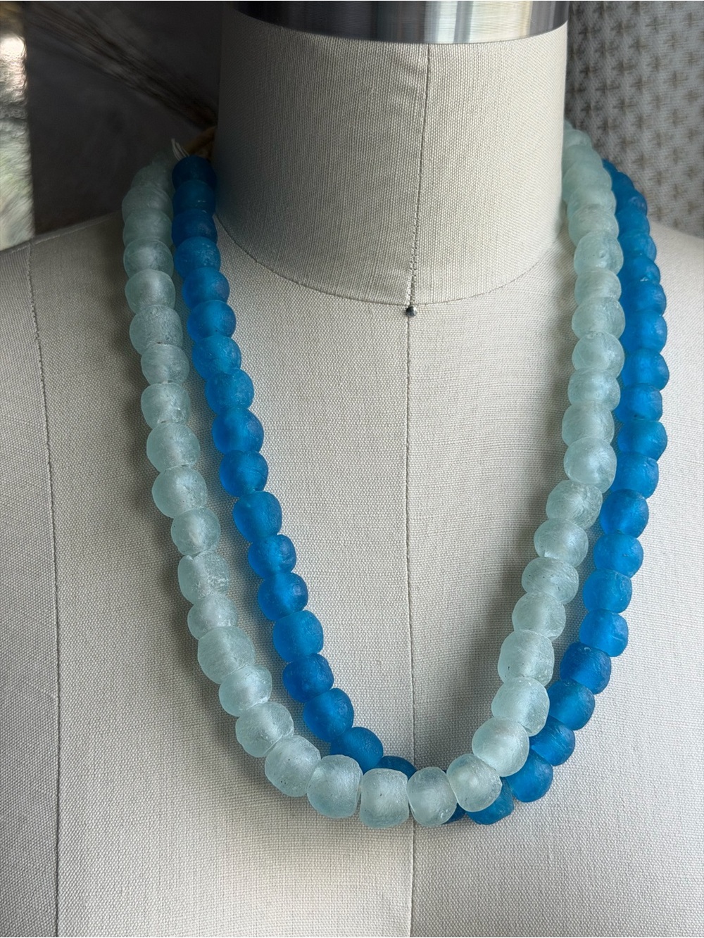 Handmade | African Recycled Blue Green Two-Piece Sea Glass Beaded 24" Necklace